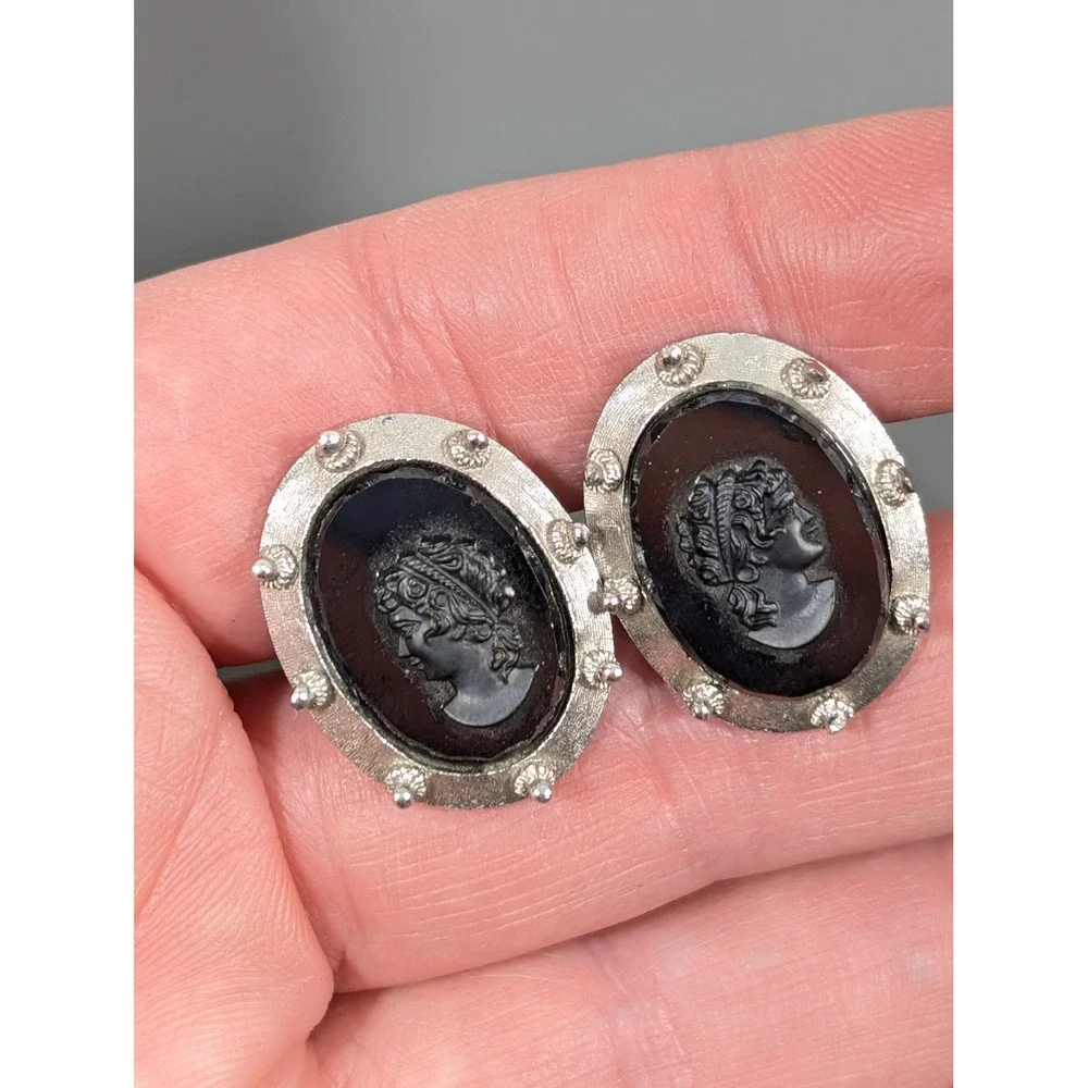 Vintage Swank Hematite Cameo‎ Cufflinks Silver Tone Gray Stone Bullet Back